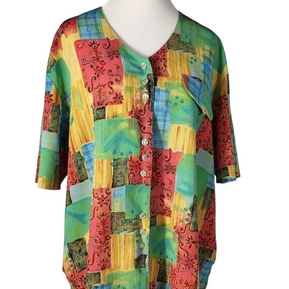 Christie & Jill Womens 1X Patchwork Print Button Front Short Sleeve Blouse Multi